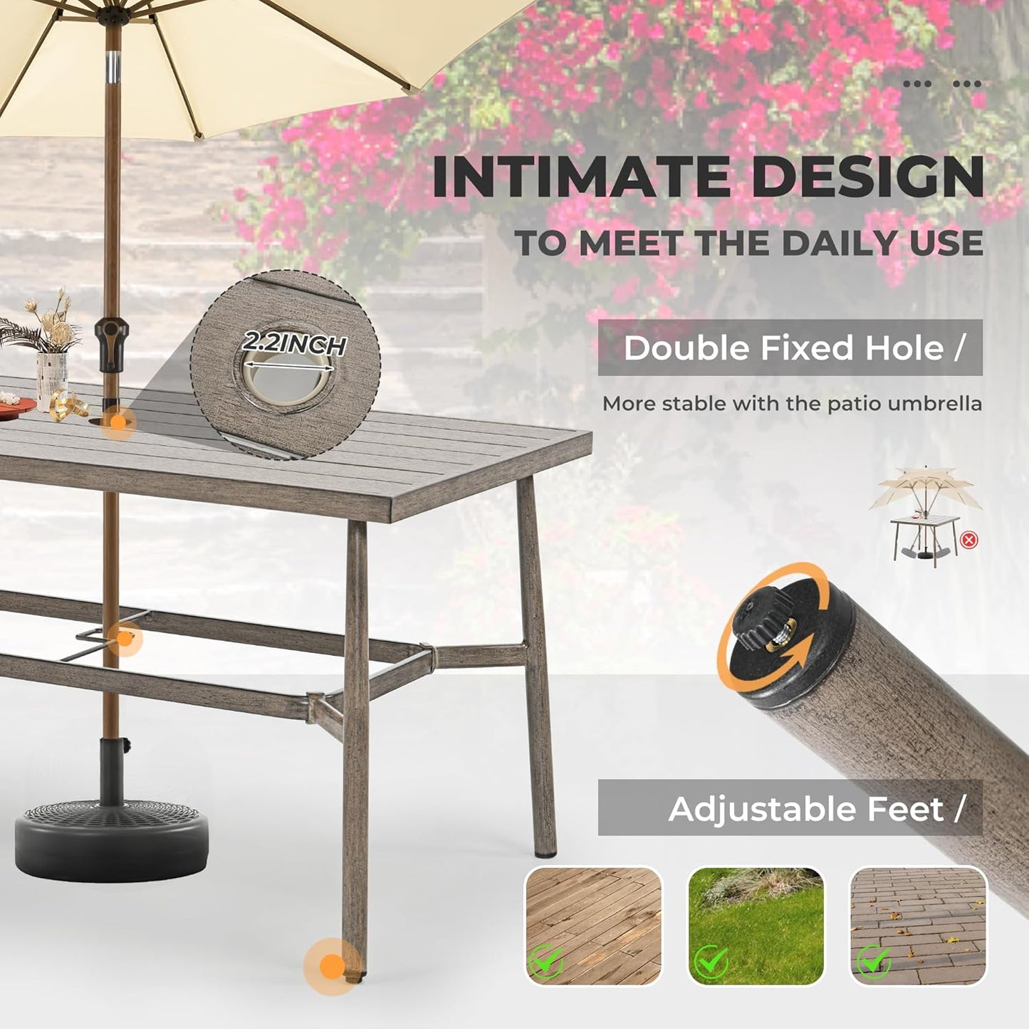 HAPPATIO Patio Table for 6, Large Modern Rectangle Outdoor Dining Table with Umbrella Hole and Adjustable Feet, All Weather Aluminum Patio Table for Garden, Backyard and Poolside, Grey