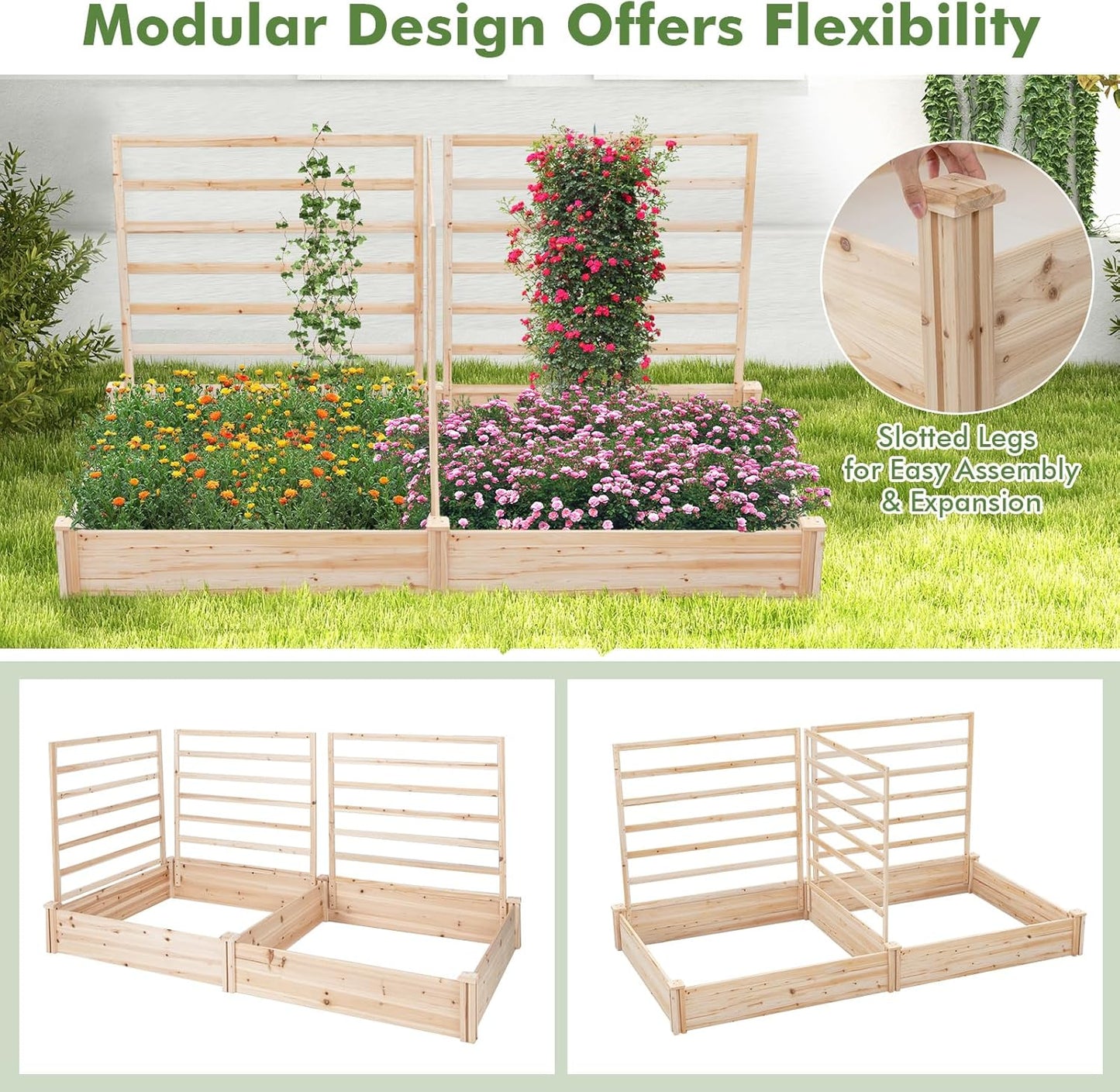 HAPPYGRILL Raised Garden Bed with 3 Trellises, Outdoor Wood Raised Bed w/ 2 Planter Boxes for Flowers, Vegetables, Fruits Climbing Vines, Elevated Garden Box for Yard Patio, 88" L x 45" W x 43" H