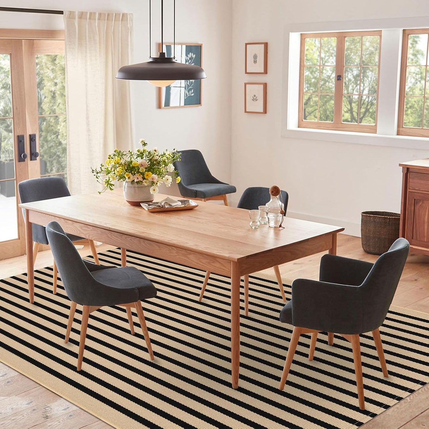 IOHOUZE Striped Area Rug 5'x7' Indoor Outdoor Rug, Washable Area Rug for Living Room, Large Patio Rug, Cotton Striped Rugs for Patio Living Room Bedroom,Tan/Black