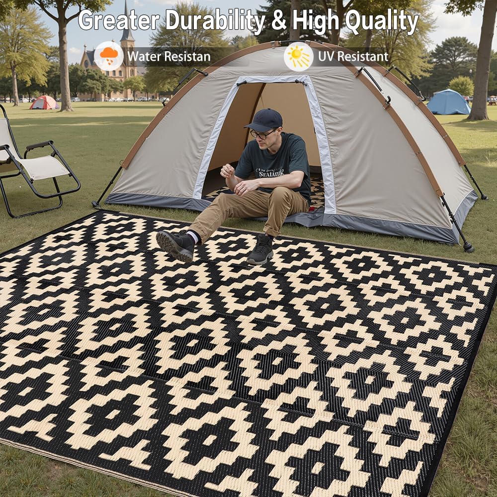 Outdoor Plastic Straw Rug, Waterproof Mat, Washable Large Floor Mat and Rug for Outdoors, RV, Beach, Patio, Camping, Backyard, Deck, Picnic, Indoor Outside (6x9ft,Geometry/Black&Beige)