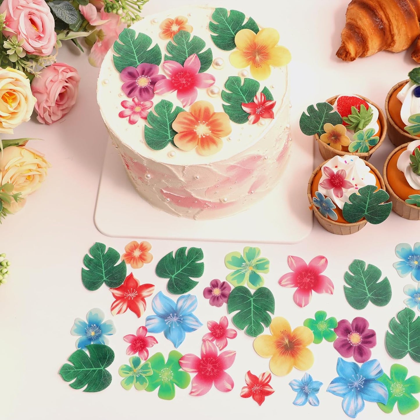 60 Pcs Edible Flowers Cake Decorations Tropical cake topper Hawaiian Birthday Party Decoration for Tropical Luau Summer Party Wedding