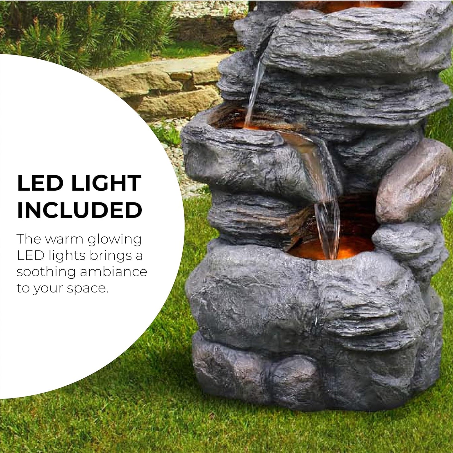 Teamson Home 39.37 in. Outdoor Faux Stacked Stone 4-Tier Water Fountain with LED Lights and Pump, Gray