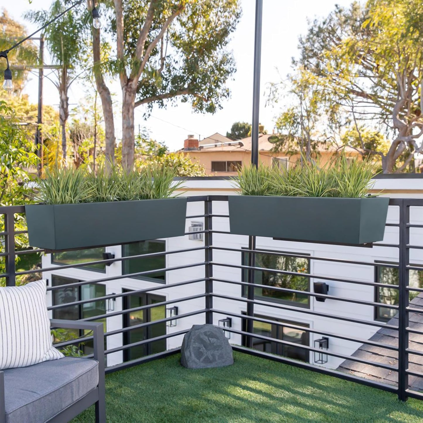 15 INCH Metal Railing Planter Boxes - Hanging Planter for Outdoor Balcony Fence, Durable All-Weather Use with Adjustable Brackets, Modern Décor for Flowers, Succulents, Hanging Plants, Grey