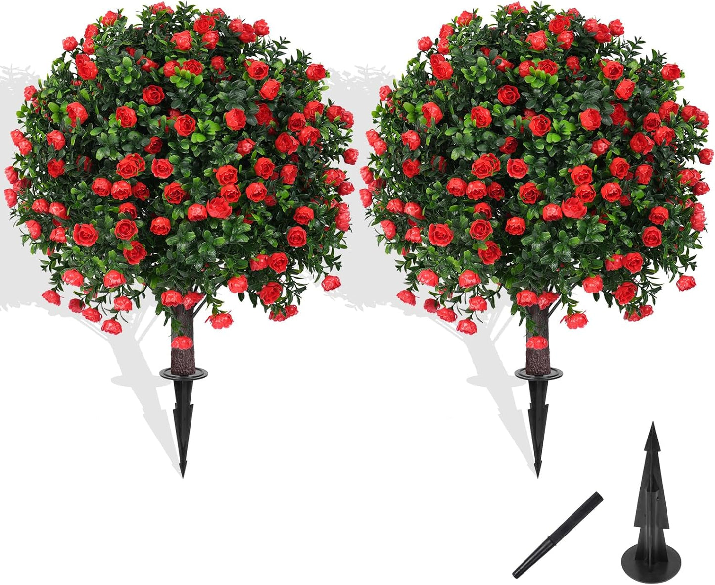 Artificial Boxwood Topiary Tree with Rose, Set of 2 Artificial Shrub Bushes with Ground Spike, Fake Evergreen Tree for Porch, Artificial Plants for Outdoor Planters Indoor UV Resistant