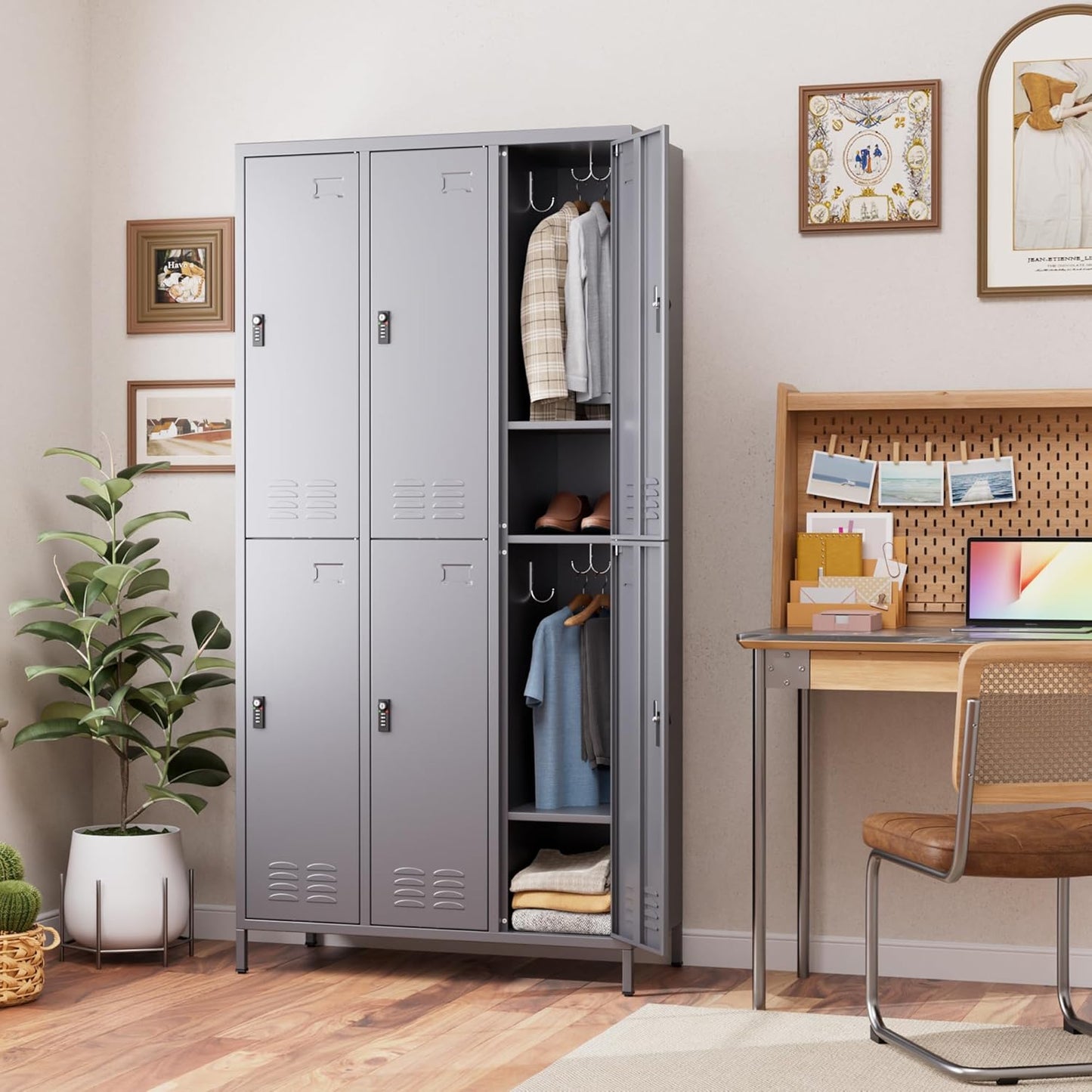 6 Doors Metal Lockers for Employees with Combination Locks and 6 Shelves, Storage Locker with 18 Hooks and Business Card Holder for Office Gym School Bedroom, Assembly Required, Dark Gray