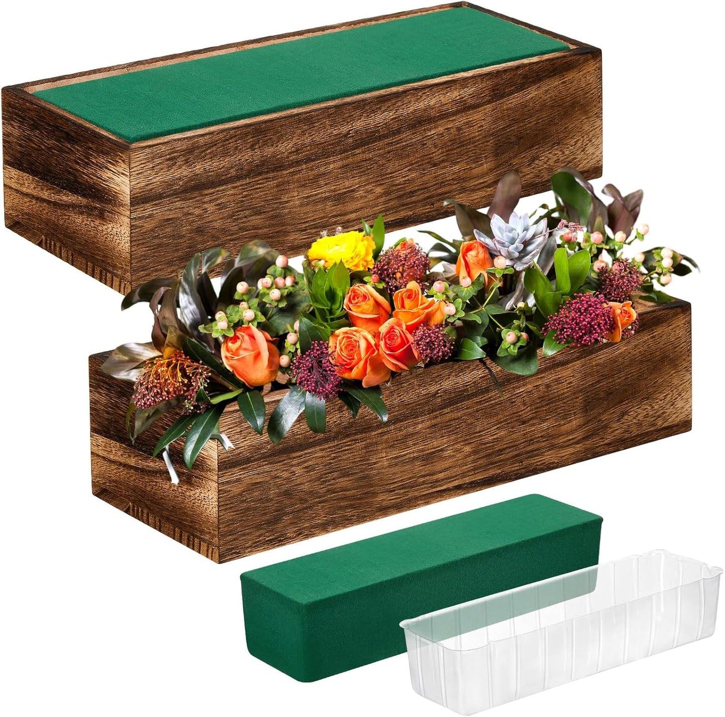 Dandat 2 Set Wood Boxes for Centerpieces Rectangle Wooden Planter Box Rustic Wood Planter with Removable Plastic Liner Floral Foam Blocks for Centerpieces Home Wedding Garden Decor (12x4 Inch)