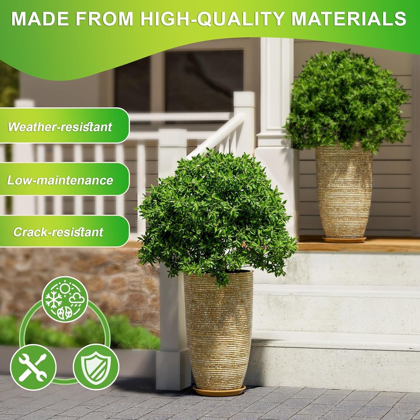 QCQHDU 9 Gallon Tall Large planters for Outdoor/Indoor Plants of 12" Dia x 21" H Round Flower Pots Set Faux Stone Finish Front Door Patio Square Porch Planters with Tray, Beige