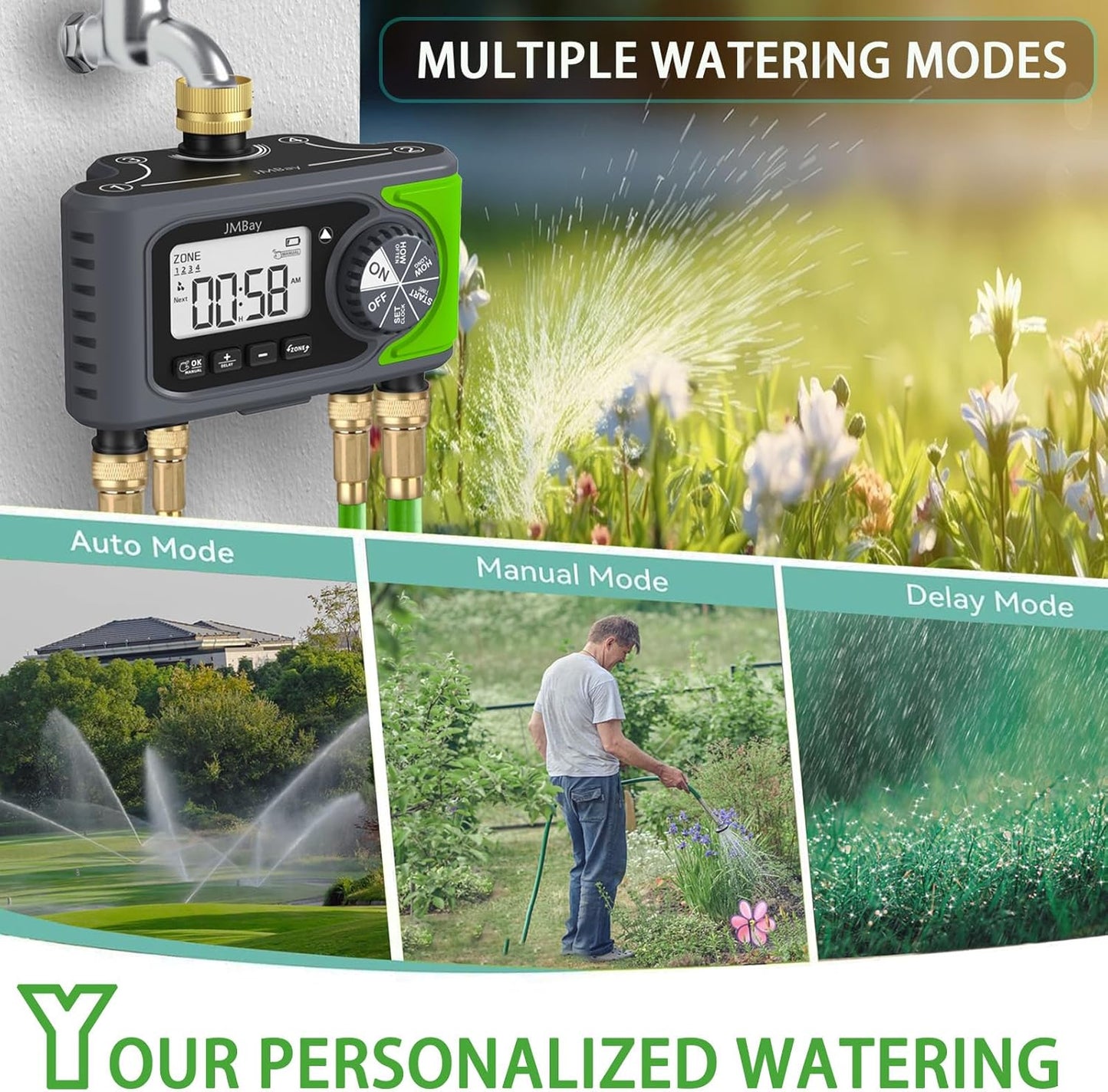 4 Zone Water Timer, Digital Water Timers for Garden Hose, Automatic Sprinkler Timer for Garden Hose, with Rain Delay & Manual Watering, Pure Brass Inlet
