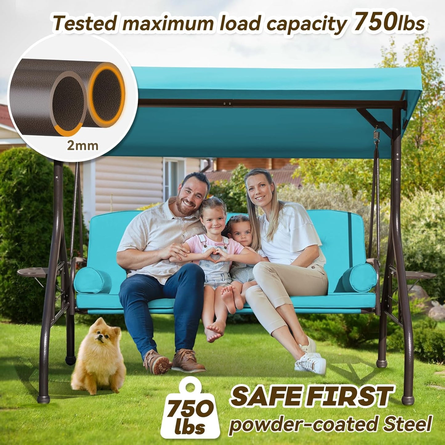 3 in 1 Patio Swing with Adjustable Canopy for Adults, 3 Seat Outdoor Swing with Thickened Cushions,Pillows & Cup Holders for Backyard, Porch, Garden (Lake Blue)