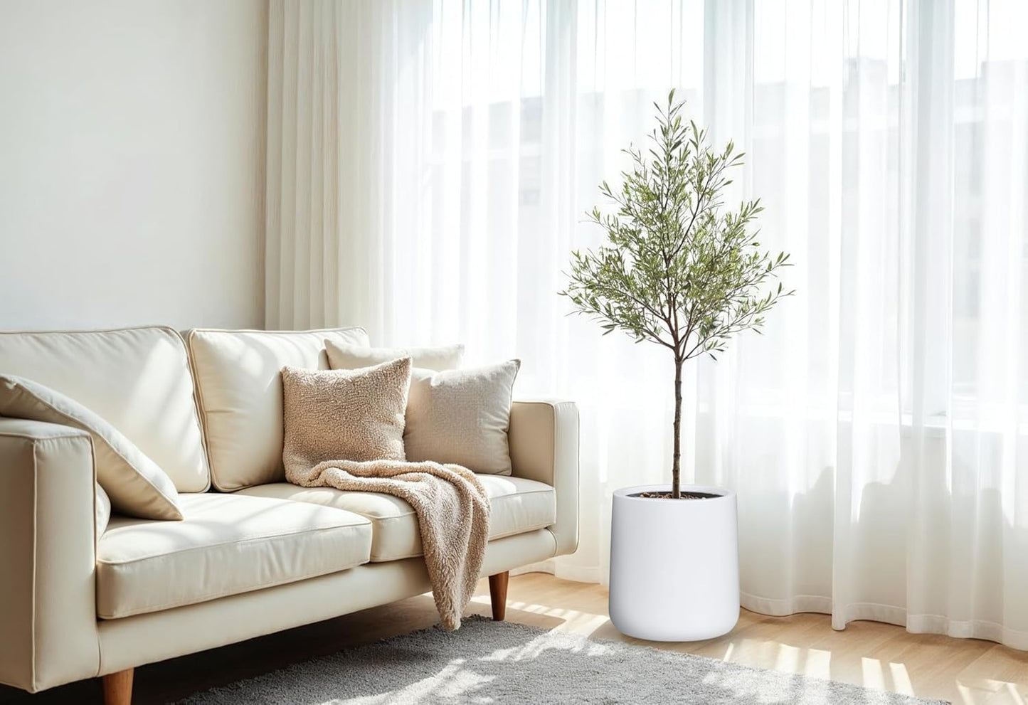 15.3" H x 15" D Conico Fiberstone Round Planter with Drainage Hole, Smooth Finishes, Weather Resistant for Indoor and Outdoor Use, Included 2 Extra Coco Mats (White, 11.7" Pot Opening)