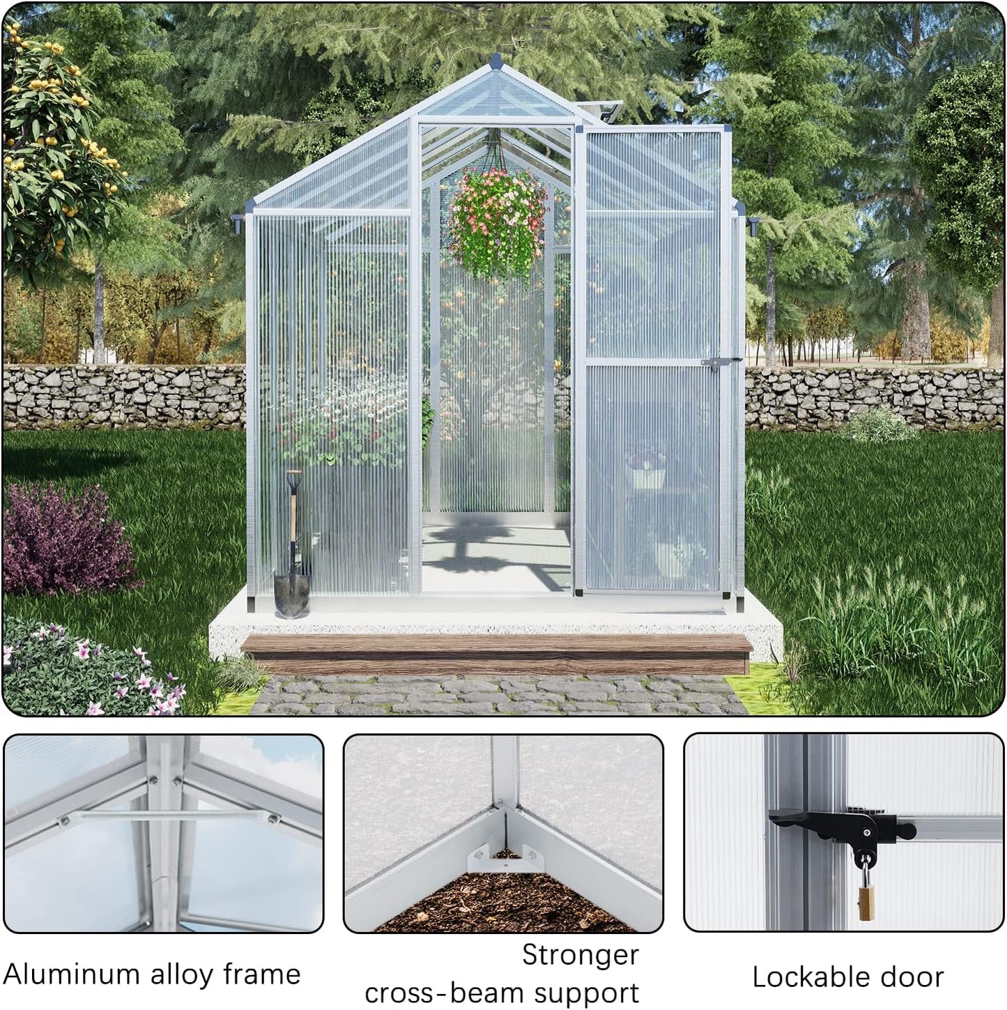 BPS 6' x 8' Walk-in Polycarbonate Greenhouse with Heavy-Duty Aluminum Frame, 1 Vent Window & Lockable Door for Outdoor, Patio, Backyard, and Garden Use