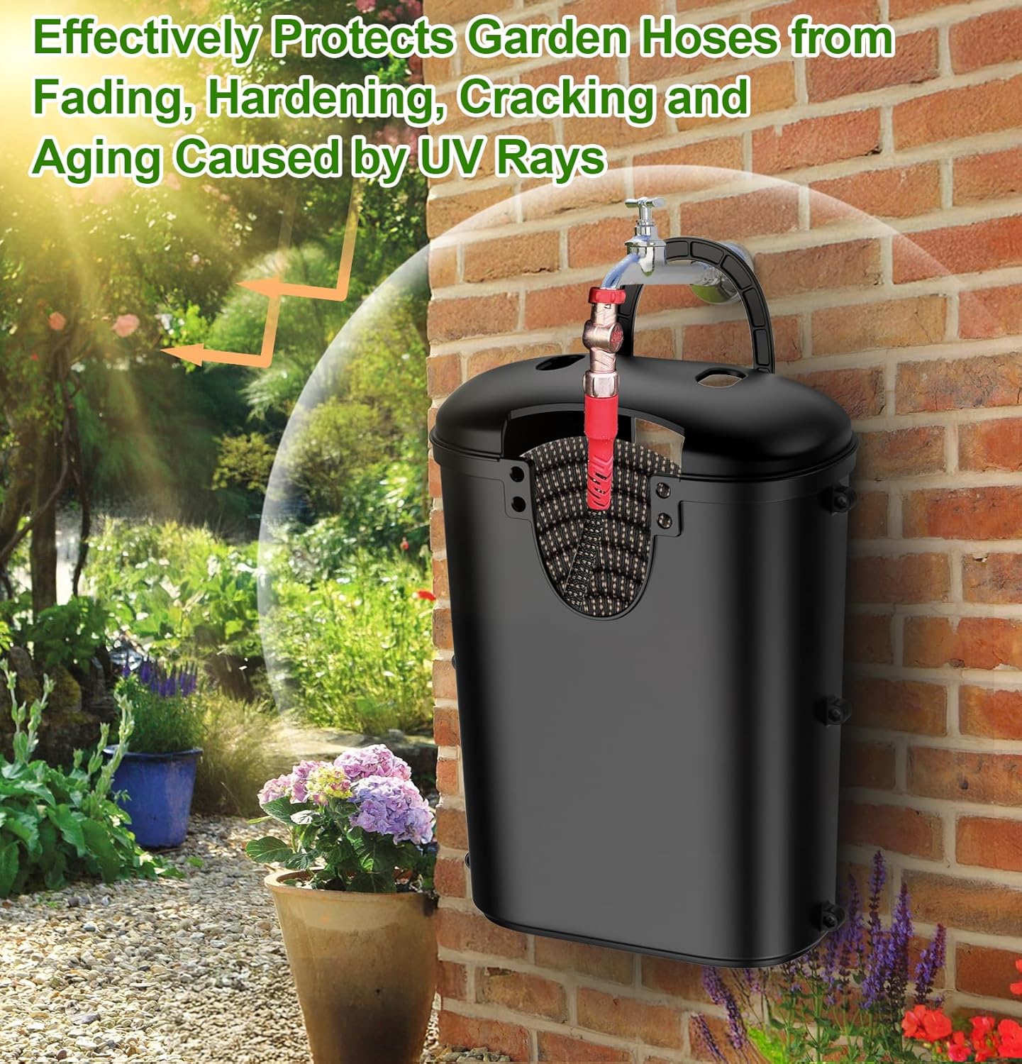 Riokko Garden Hose Holder Bucket, Hose Storage, Water Hose Storage for Outside, Hose Box Fits 25FT Heavy Duty/100FT Expandable/50FT Flat/50FT Stainless Steel Hoses, Hanging Handle & Drain Hole Design