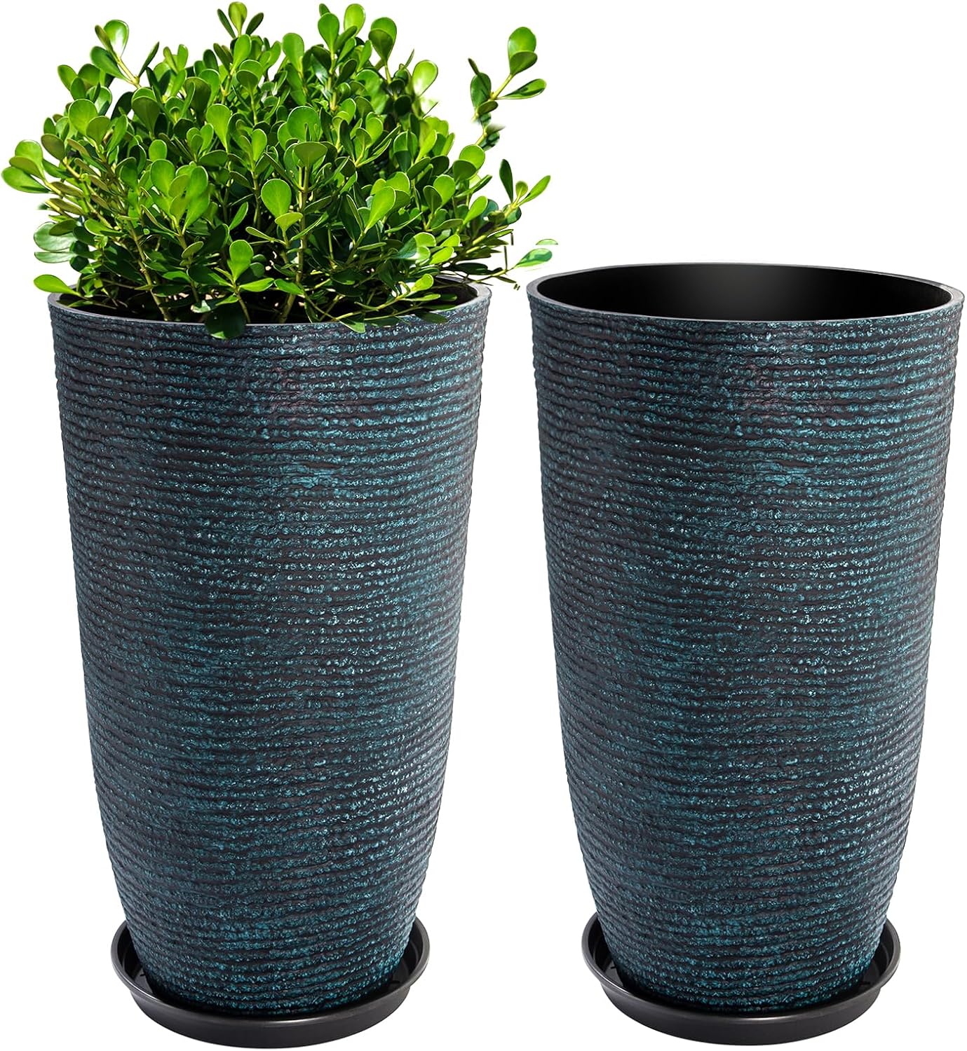 QCQHDU Large Tall Blue Planters with Saucer - 9 Gallon 12" Diameter x 21" H Faux Stone Round Pots for Indoor Plants, Outdoor Patio & Porch Decor, Heavy Duty Weatherproof Plant Containers