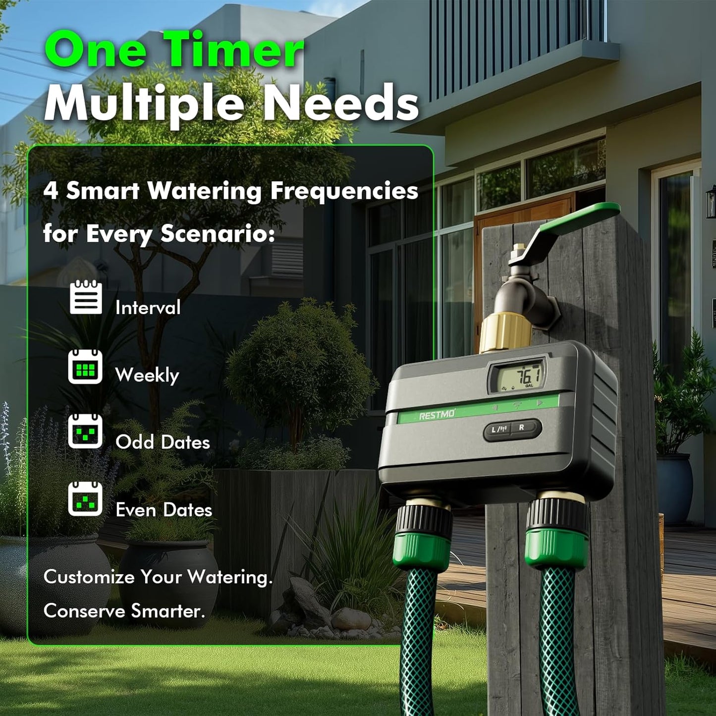 RESTMO Smart Sprinkler Timer with Flow Meter, 2 Zone Water Timer for Garden Hose, Brass Inlet & Outlet, Automatic Lawn & Yard Irrigation Watering System, APP Remote Control (RF Hub + WiFi Connection)