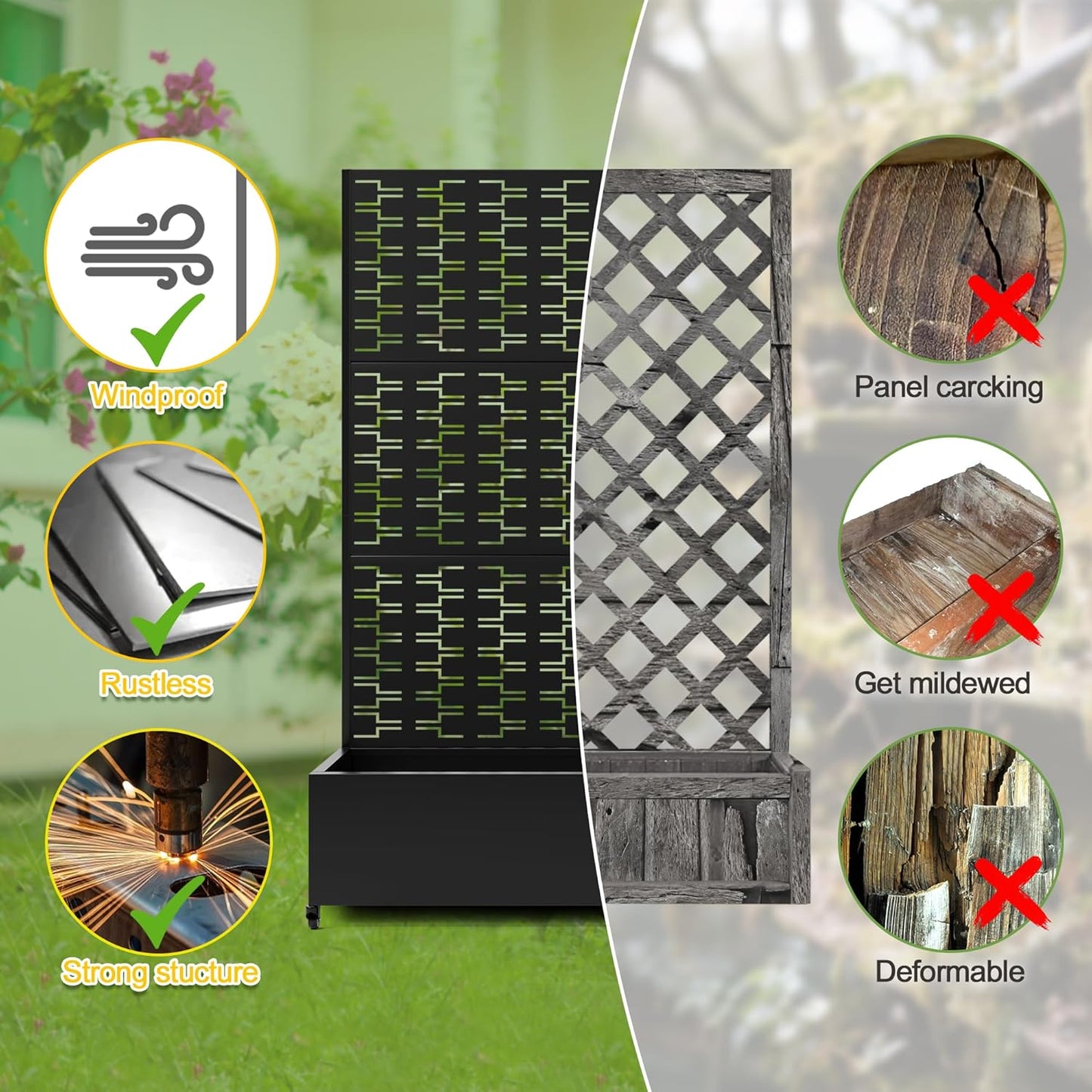 FENCY Metal Raised Garden Bed with Wheels and Trellis,73"x47"x16" Planter Box for Climbing Plants, Vegetables & Vines, Features Privacy Screen and Drainage Holes (Black-Brick)