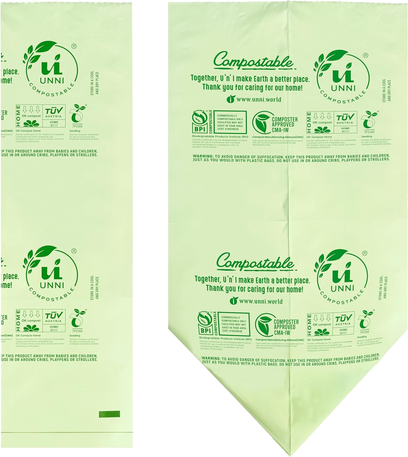 UNNI Compostable Trash Bags, 3 Gallon / 11.35 Liter, 100 Count, Extra Thick 0.71 Mil Small Kitchen Food Scrap Bin Liners, Certified by BPI, CMA & OK compost HOME, Meets the ASTM D6400 Standard
