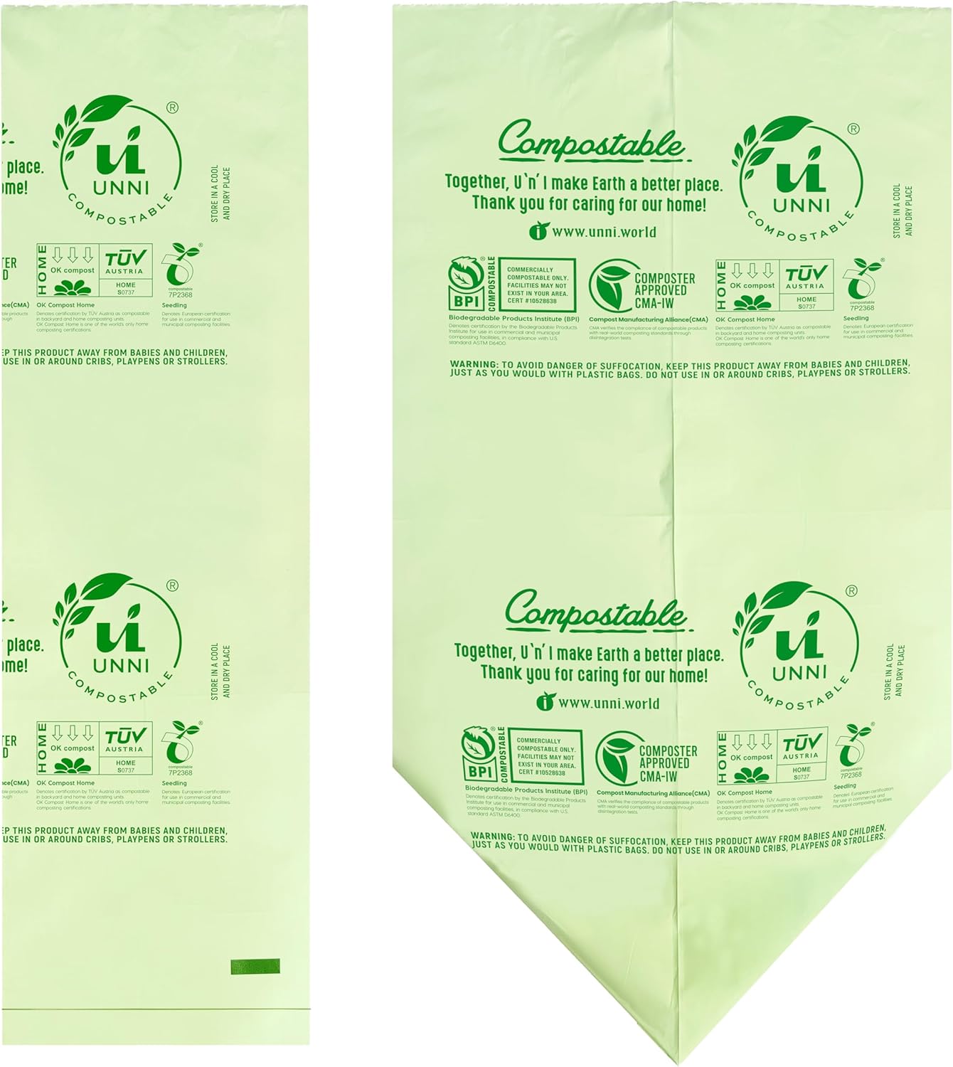 UNNI Compostable Trash Bags, 8 Gallon / 30 Liter, 100 Count, Extra Thick 0.85 mil Medium Kitchen Food Scrap Bin Liners, Certified by BPI, CMA & OK compost HOME, Meets the ASTM D6400 Standard