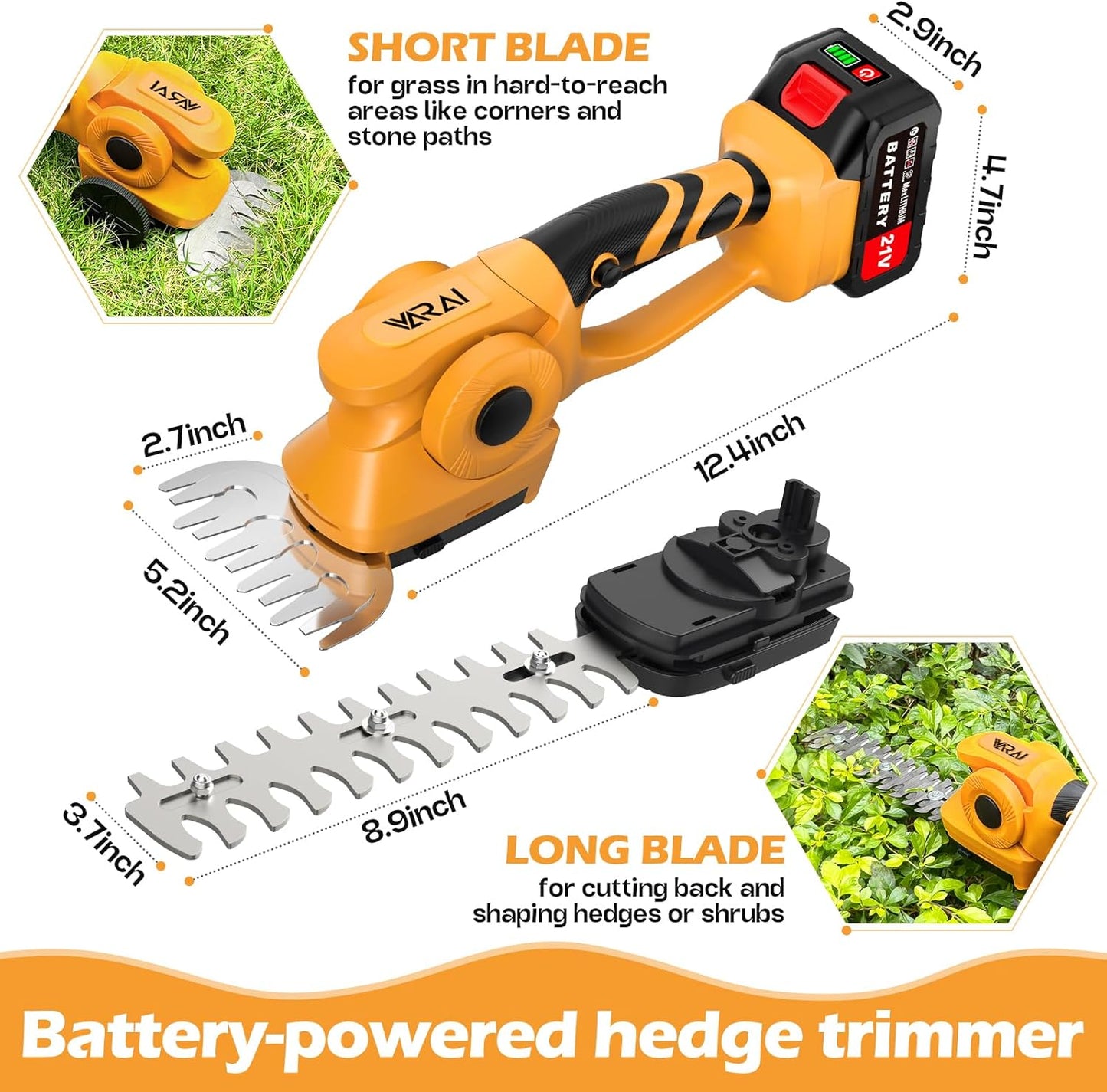 Cordless Hedge Trimmer, 2-in-1 Hedge Trimmer, Ultra Long Battery Life with Battery*2, high-Power and high-Capacity Grass Trimmer for Gardens, Yards and lawns, Including Charger