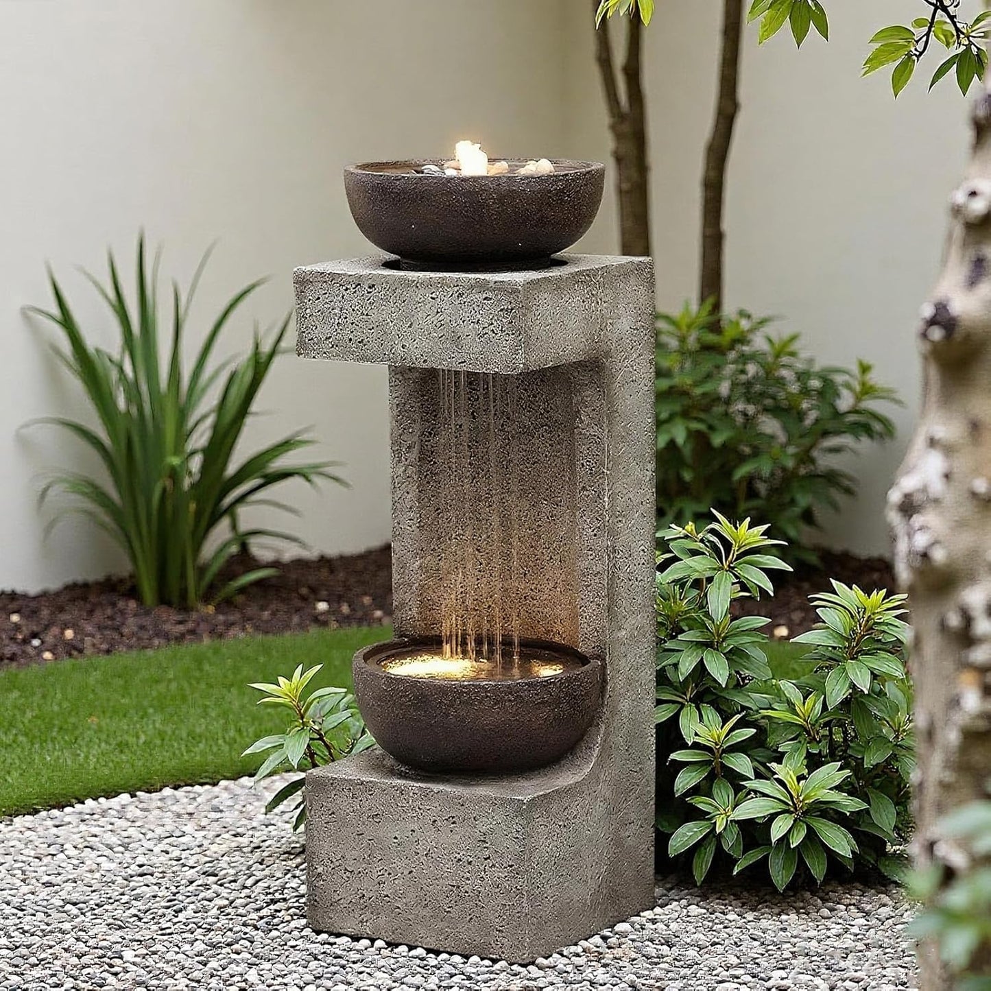 33.9" Waterfall Fountain Outdoor with LED Lights – Modern Rain Curtain Resin Garden Waterfall and Fountains, Bowl Design Outdoor Water Feature for Patio, Porch, Backyard, Lawn & Home Decor