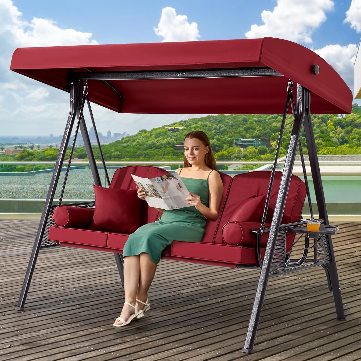 3 in 1 Outdoor Porch Swing with Adjustable Canopy, 3 Seat Outdoor Swing for Adults, Patio Swing Chair with Thickened Cushions,Pillows & Cup Holders for Backyard, Porch, Garden (Wine Red)