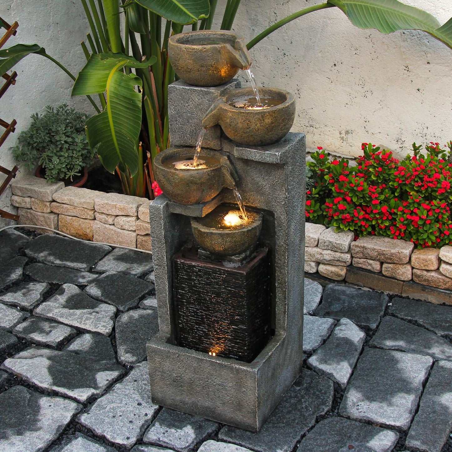 YZM 5-Tier Water Fountain Outdoor Garden Waterfall Fountains Indoor Bowl Cascading Water Feature with Led Lights for Home Deck Patio Porch Yard Decor 37.4" H