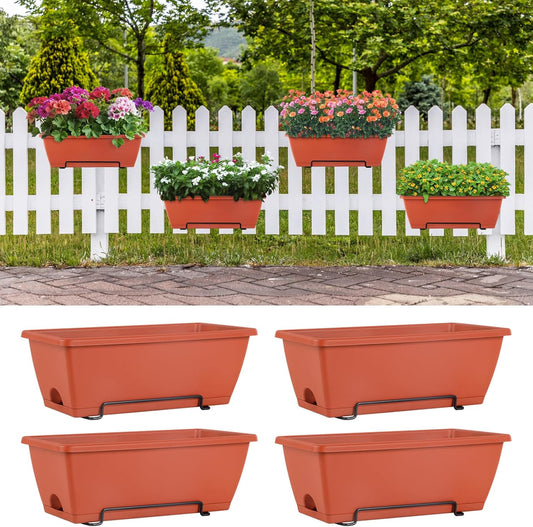 HAITRAL 16.9 Inch Deck Railing Planter Boxes for Plants, Rectangular Hanging Window Boxes Planters with Metal Flower Pots Brackets - 4 Pack Railing Planter Box for Balcony Fences Garden, Red