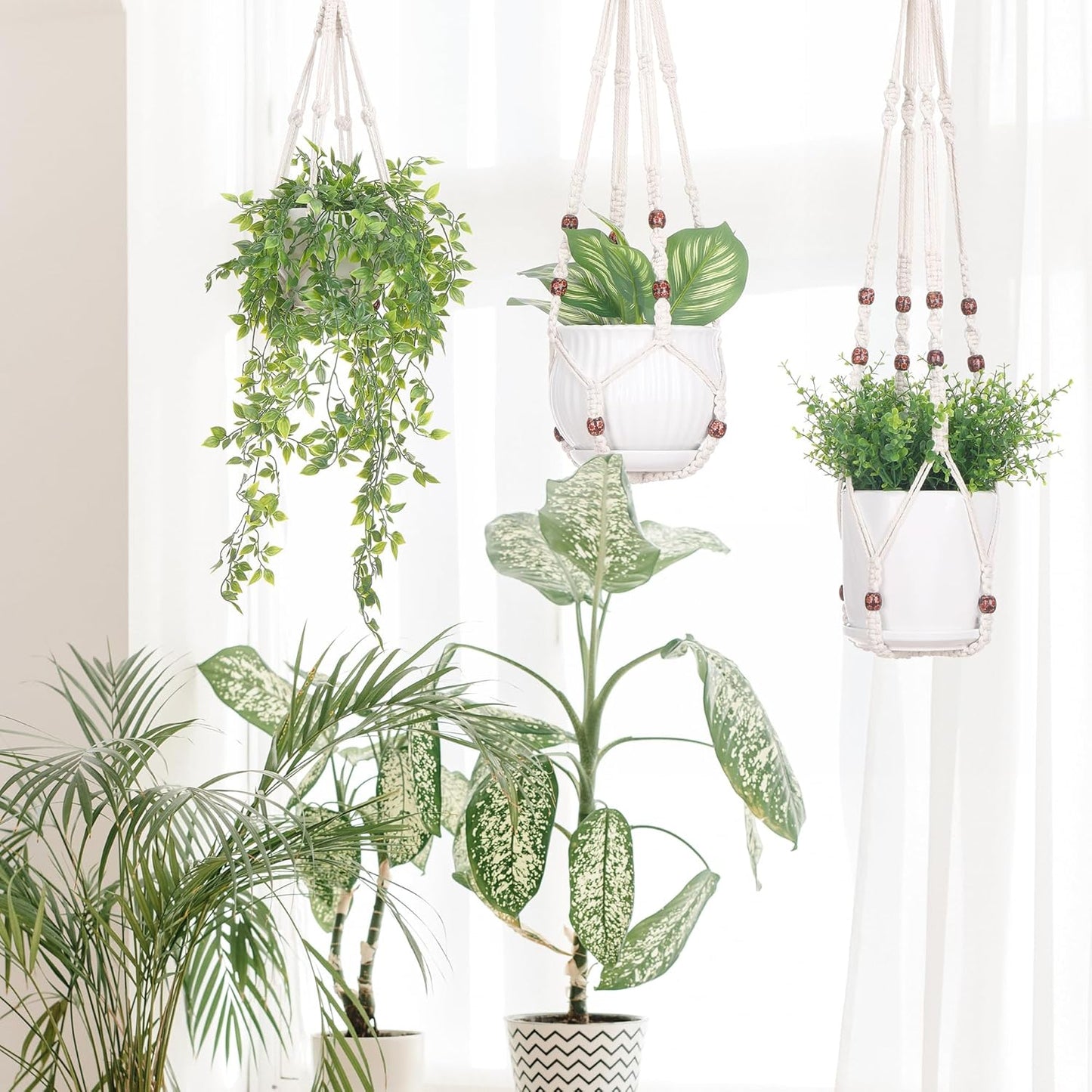 YIBOT 3 Pack Macrame Plant Hanger Indoor Hanging Planter Basket with 3 Hooks Flower Pot Holder No Tassels for Boho Home Decor 35"/29"/23"