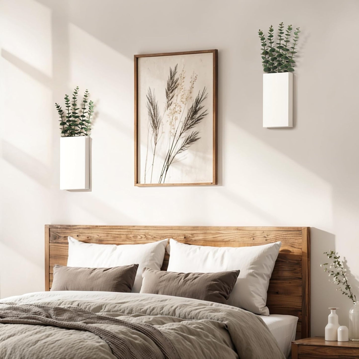 2 Pack Metal Wall Planter Vases Decor with Artificial Eucalyptus, Modern Farmhouse Rustic Hanging Pocket Planters for Indoor Greenery and Flowers, Living Room Bedroom Kitchen Decoration, White