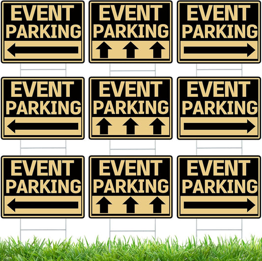 Juexica 9 Pieces 16 x 12 Inches Outdoor Event Parking Signs with Arrow Corrugated Plastic Yard Double Sided Event Signs Outdoor Directional Guest Parking(Black and Gold)