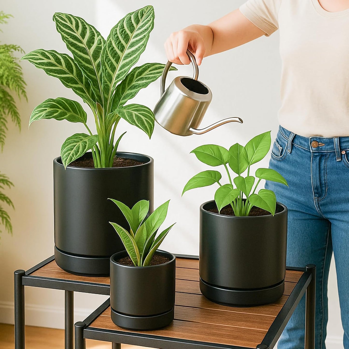 D'vine Dev 6 Inch & 8 Inch & 10 Inch, Set of 3 Round Ceramic Planter Pot with Drainage Hole and Saucer, Black, 94-T-L-2