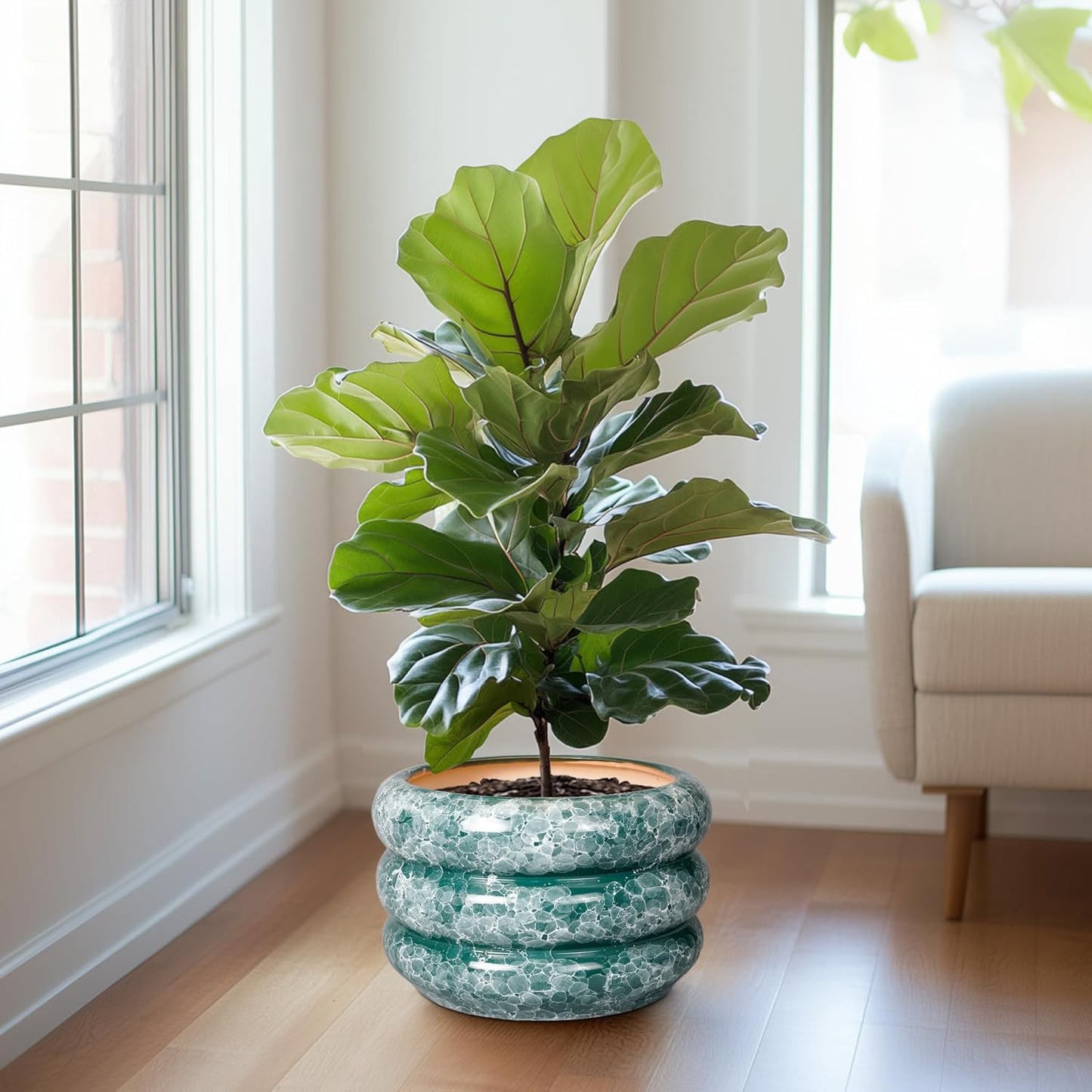 SQOWL Ceramic Planter for Indoor Plants 13.5 Inch - Large Plant Pot with Drainage Hole Outdoor Flower Pot Round Planter Decorative Plant Pot for Garden Bathroom Decor Green