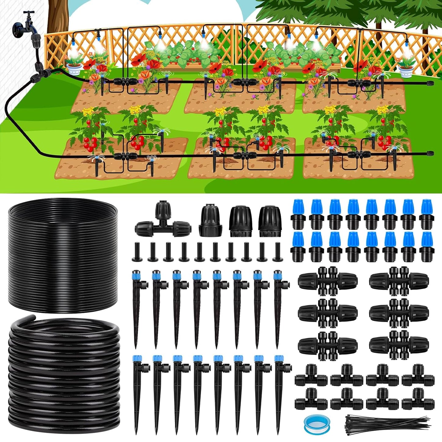 230FT New Quick-Connect Drip Irrigation System Kit, Automatic Garden Watering Misting System for Greenhouse, Yard, Lawn, Plant with 1/2 inch Hose 1/4 inch Distribution Tubing and Accessories