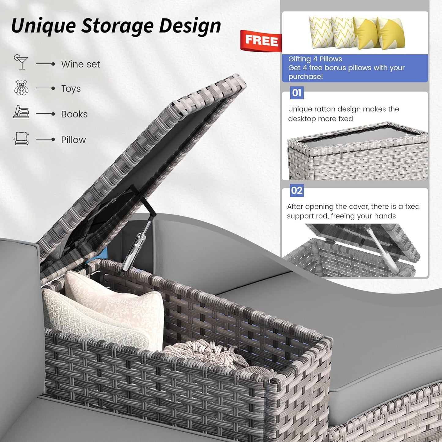 Patio Sectional Furniture Outdoor 12-Piece Grey Rattan Curved Sofa Set with Fire Pit Table,Storage Table,Pillows,Fit for Pool Backyard Balcony Porch Lawn (Grey)