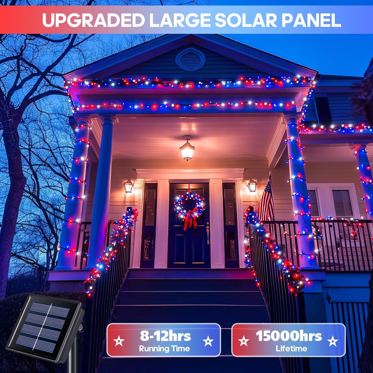 JMEXSUSS 2 Pack Red White and Blue Solar Lights, 200LED 75.5ft Patriot Solar String Lights Outdoor Waterproof, 8 Modes 4th of July Light for Independence Day Patio Garden Tree Decorations
