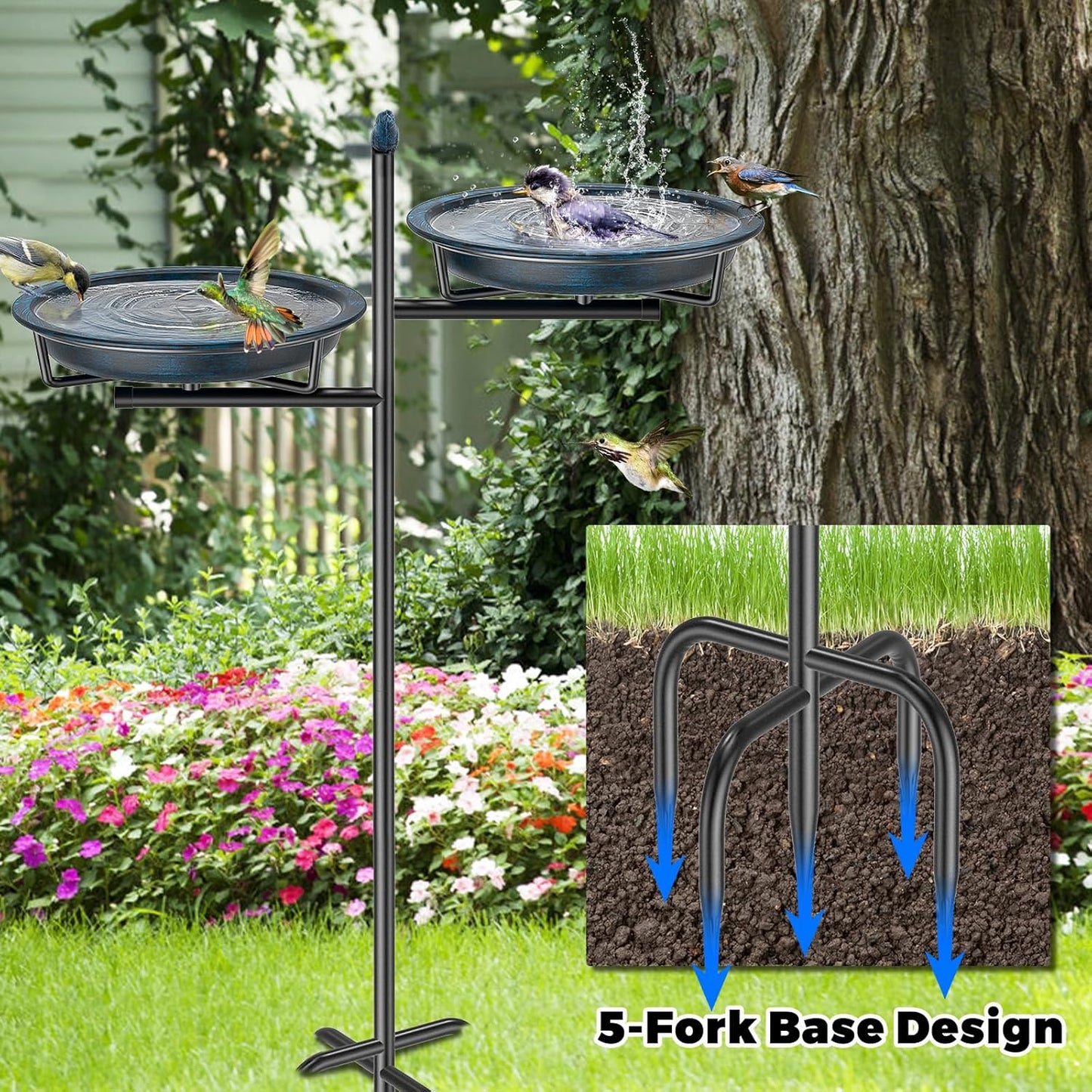2-in-1 Metal Bird Bath for Outside, Vintage Freestanding Birdbaths Feeder Bowl, Stable & Easy to Clean Birdfeeder for Outdoors Garden Yard Lawn Decor (Vintage Blue)