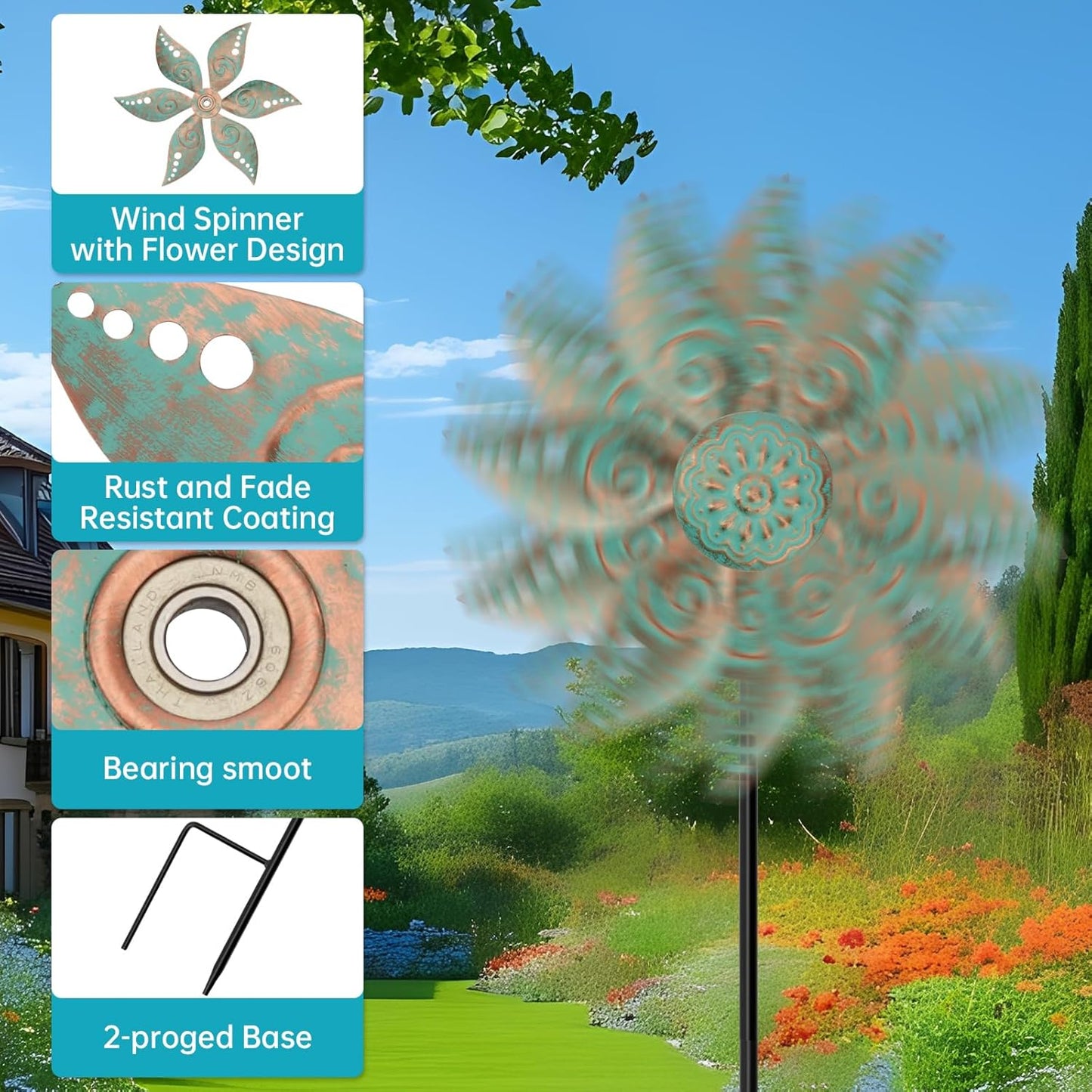 2 Pack Wind Spinners Outdoor Clearance Metal Vintage Green,Wind Sculpture Small Iron Windmill is Decorative Garden Stakes for Patio Lawn Outdoor Yard Lawn Garden Decor