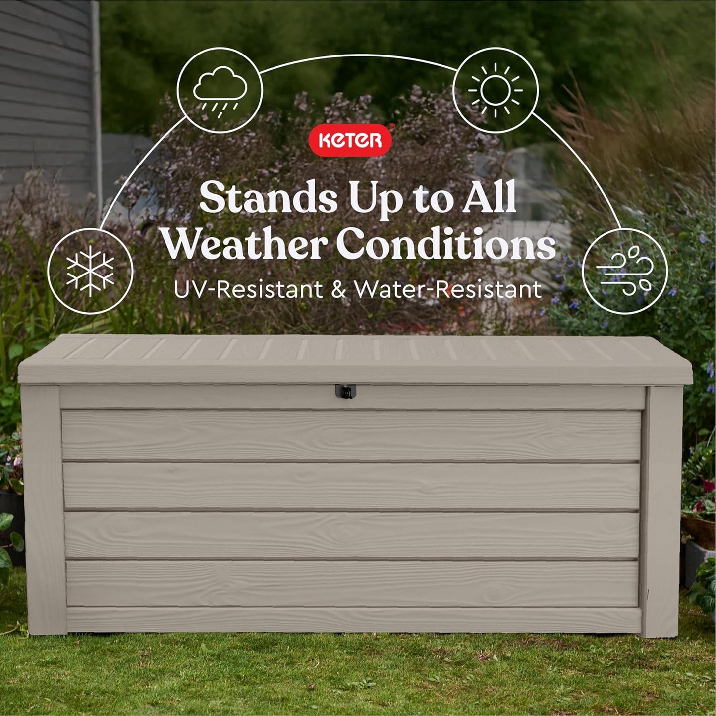 Keter Westwood 150 Gallon Resin Large Outdoor Storage Box for Patio Furniture, Outdoor Cushions, Garden Tools and Pool Floats, Beige