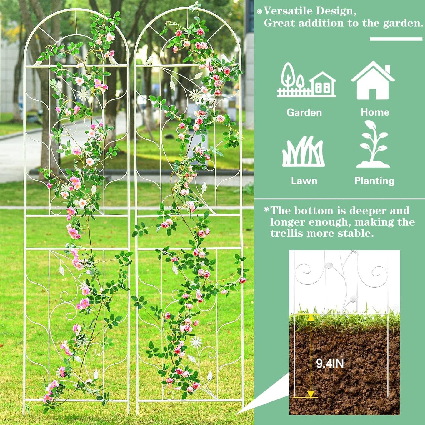 Sungmor Metal Trellises for Climbing Plants, Overall 20 Inch Width & 82.5 Inch Tall, 2PC White Pack, Decorative Retro Style Trellis Fence Panels, Garden Plant Support, Flower Rose Climbing Rack