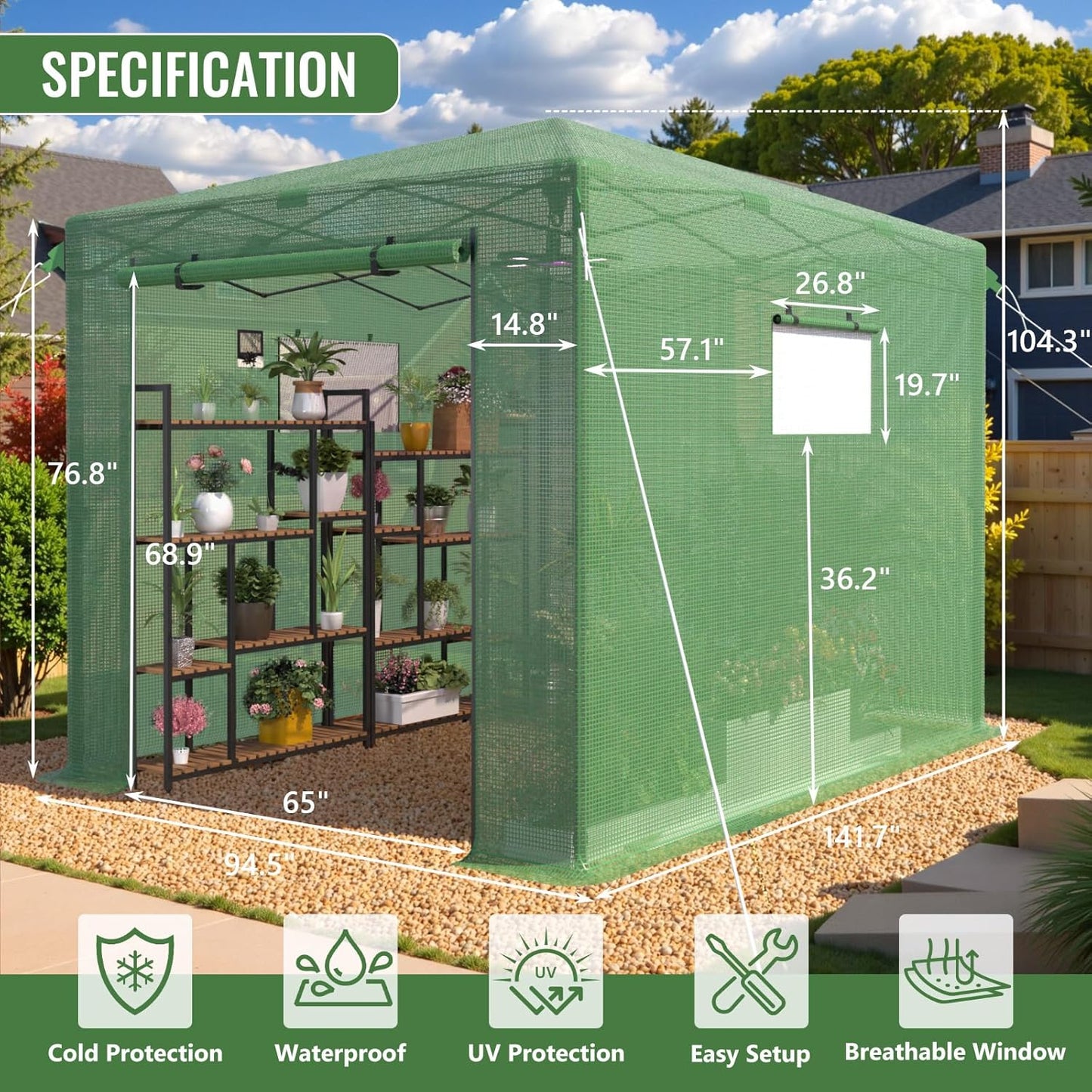 8X12 FT Pop Up Greenhouse,Greenhouse for Outdoors, Portable Walk-in Greenhouses with Roll-Up Zipper Door, PE Cover Greenhouses for Garden and Backyard, Easy Setup