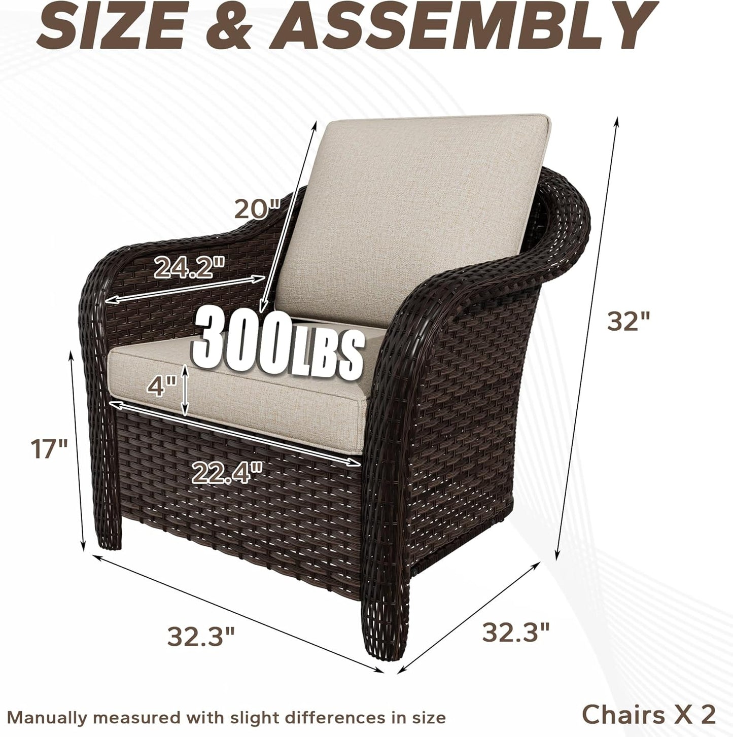 Patio PE Rattan Chairs Set of 2, All-Weather & Steel Frame Outdoor Conversation Furniture Set with Washable Cushions for Garden, Bistro, Deck, Yard (Beige)