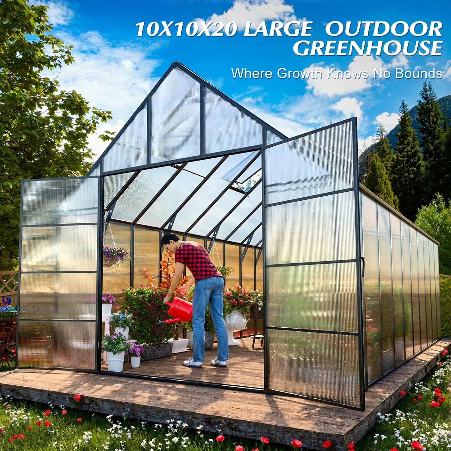 10'x10'x32' Snap-Together Greenhouse - Easy 3-Way Connectors, Heavy-Duty Aluminum Frame, Wind/Snow Resistant for Gardening/Urban Farming, Includes Sliding Door & Ventilation Windows