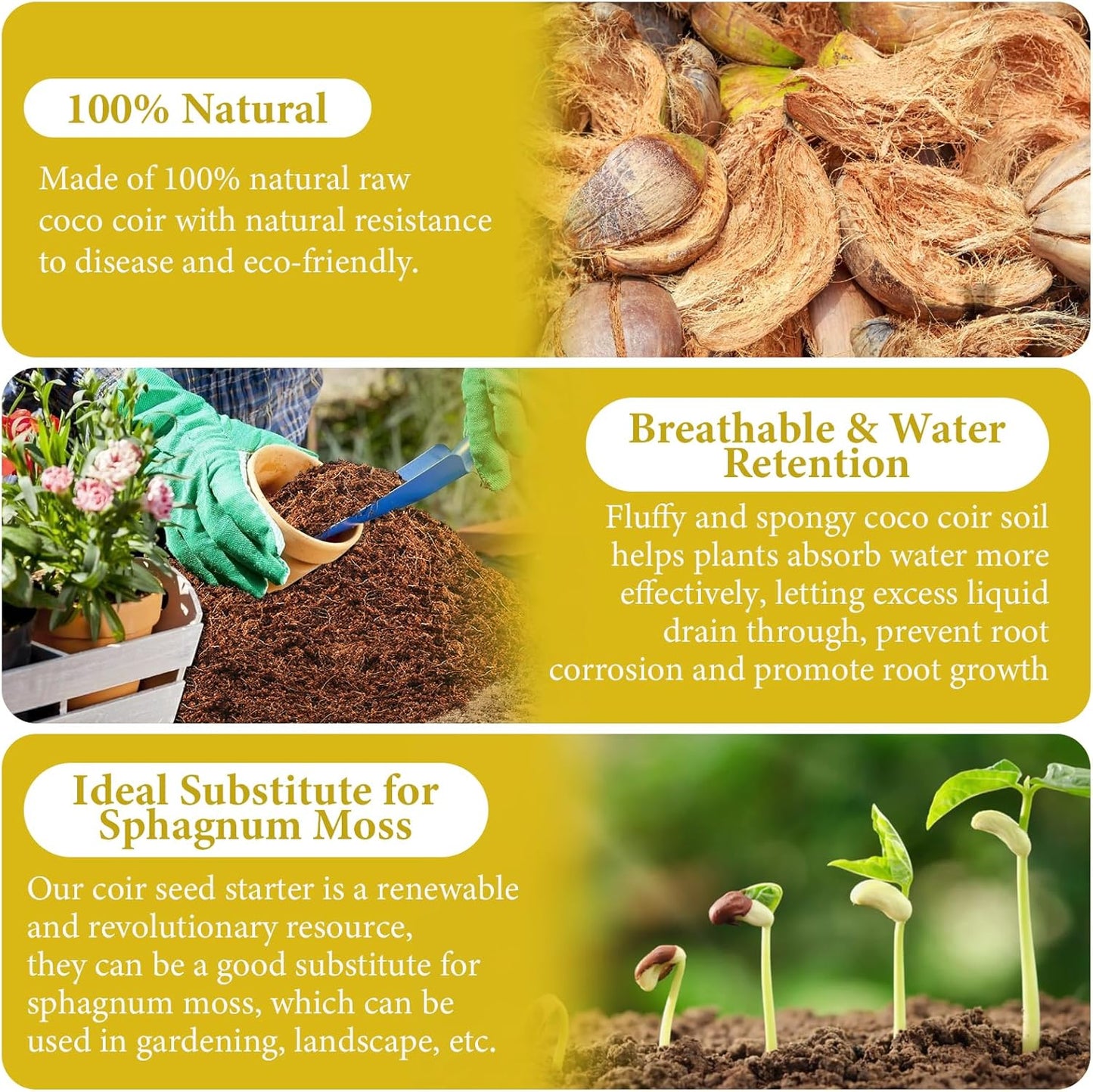 Legigo Pack of 3 Organic Coco Coir Bricks- 100% Natural Compressed Coco Peat Brick Coconut Fiber Substrate with Low EC& pH Balance, Coir Plant Soil Enhance Root Growth for Herbs, Flowers, House Plants