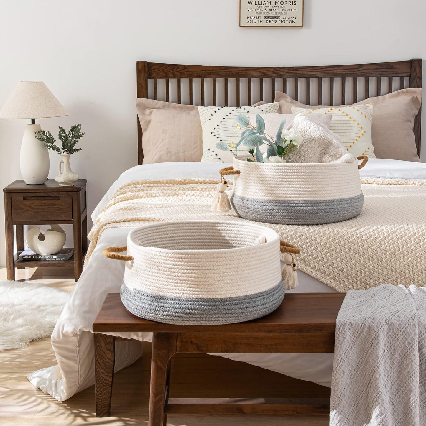 KAKAMAY Woven Baskets for Storage(16"x8"),Blanket Basket for Organizing Living Room,Cotton Rope Basket Woven Baby Laundry Hamper,Collapsible Laundry Room Organization,Clothes,Toy Chest(Grey)