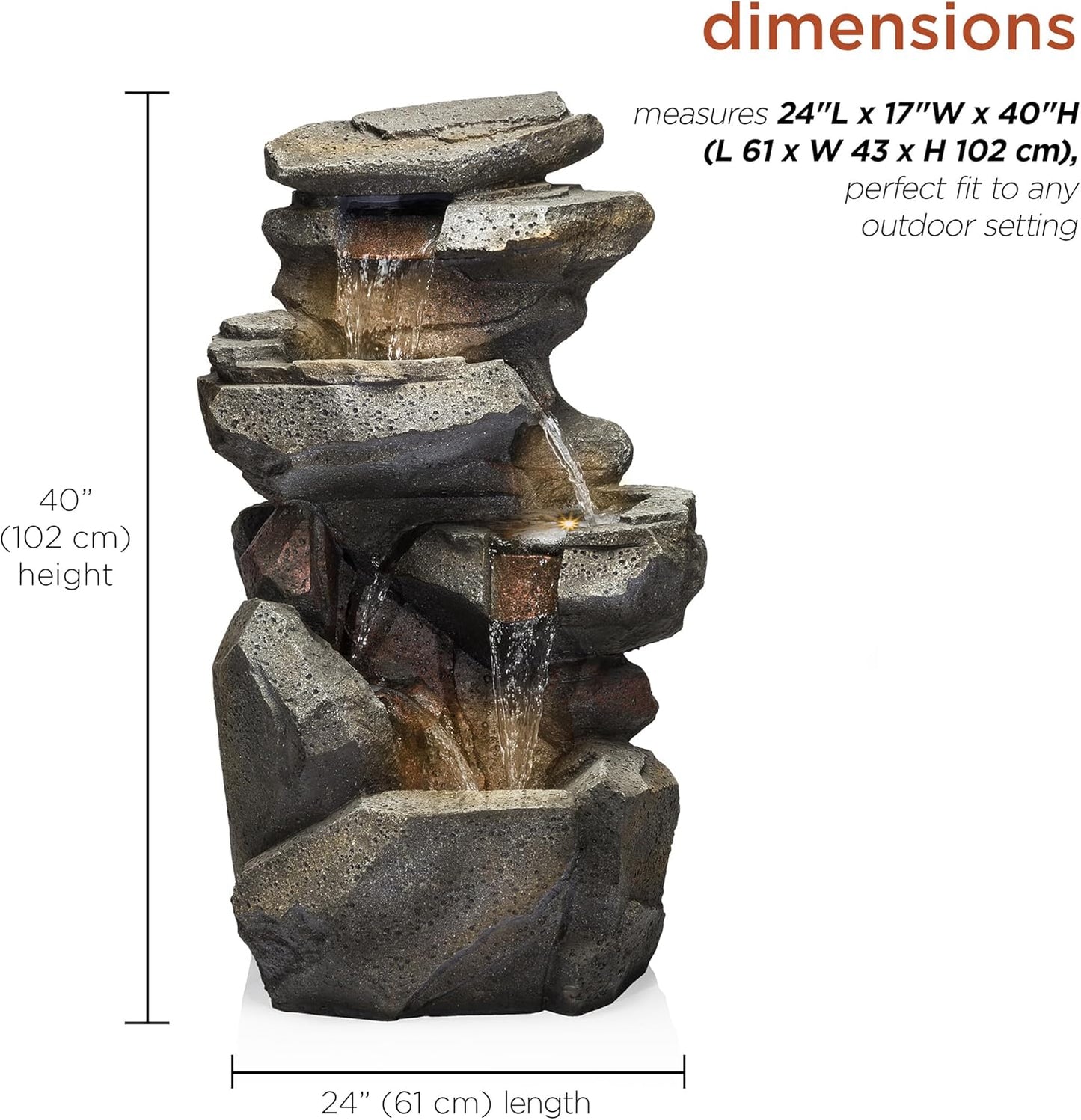 Alpine Corporation WIN1184 40" 3-Tier Outdoor Rock Waterfall Floor Fountain with Color-Changing LED Lights, Cascading Water Feature for Gardens, Patios, and Yards, Gray