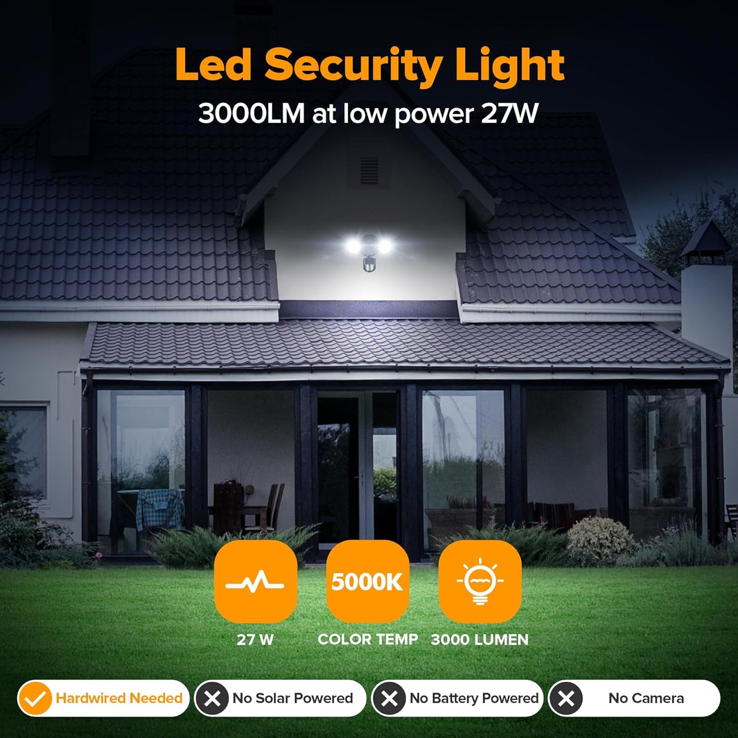 UME LED Security Light Motion Sensor Outdoor Lights, 27W 3000LM, 5000K, IP65 Waterproof, Dusk to Dawn, 2 Head Motion Detector Flood Light for Outside, Garage, Yard (Black)