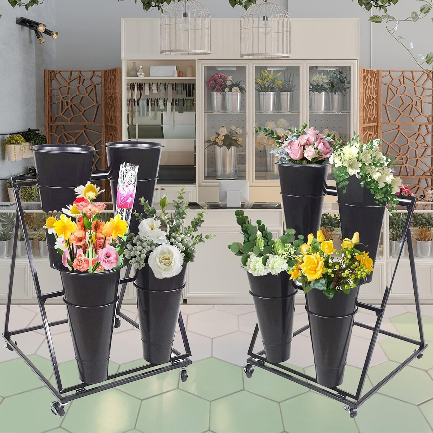Flower Display Stand, 3-Layer Heavy-Duty Mobile Plant Cart shelve with Wheels, with Plastic Buckets, Easy to Install, Suitable for Indoor and Outdoor Balcony Courtyard Garden Art Exhibitions