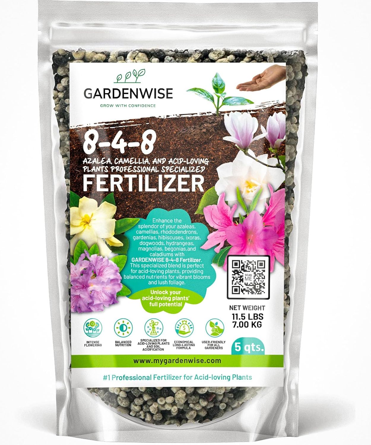 8-4-8 Acidic Fertilizer for Azaleas, Camellias (Camelia), Hydrangeas, Blueberries, Gardenias, Magnolia Trees, Evergreens, and Rhododendrons - Ideal Iron-Rich Plant Food (5 QUARTS)