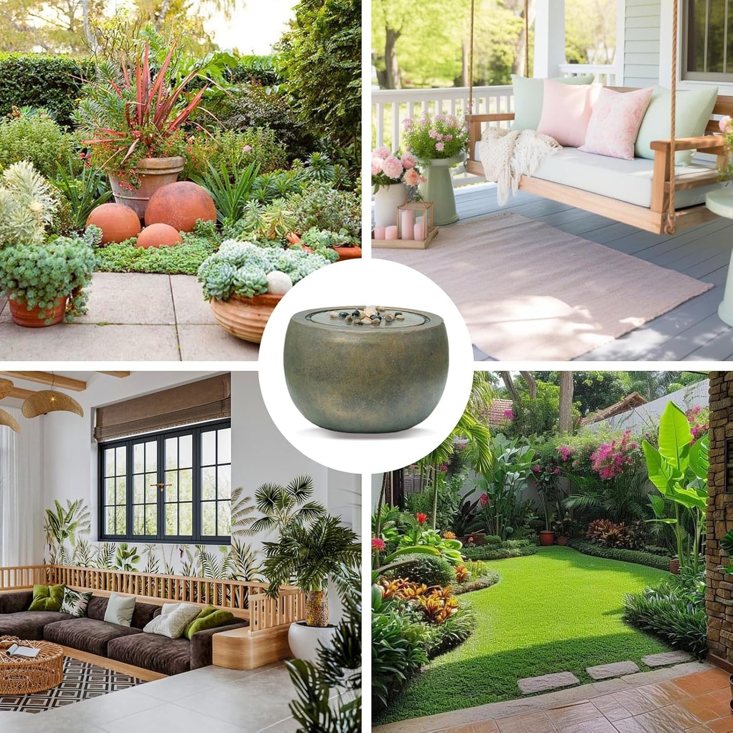 Garden Water Fountain Outdoor Bubbler Water Feature Indoor with Lights & Pump and Pebbles Waterfall Fountains Concrete Effect for Patio Deck Yard Home Decor Gold, 18 "L x 18" W x 11.5" H