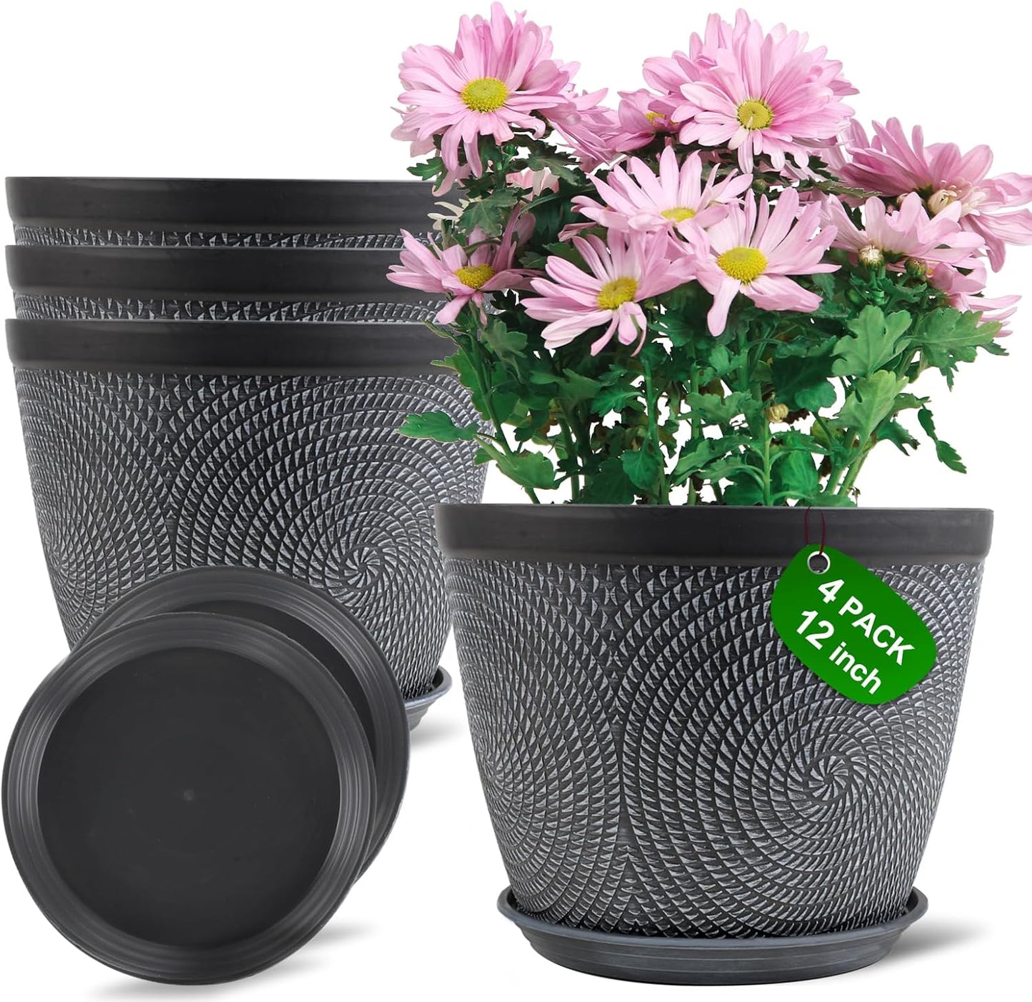Quarut Large 12 Inch Plant Pot for Plants Outdoor Indoor, 4 Pack Plastic Flower Pots with Drainage Hole & Saucer, Modern Decorative Garden Pot with Saucer, Plant Container for House（Gray）