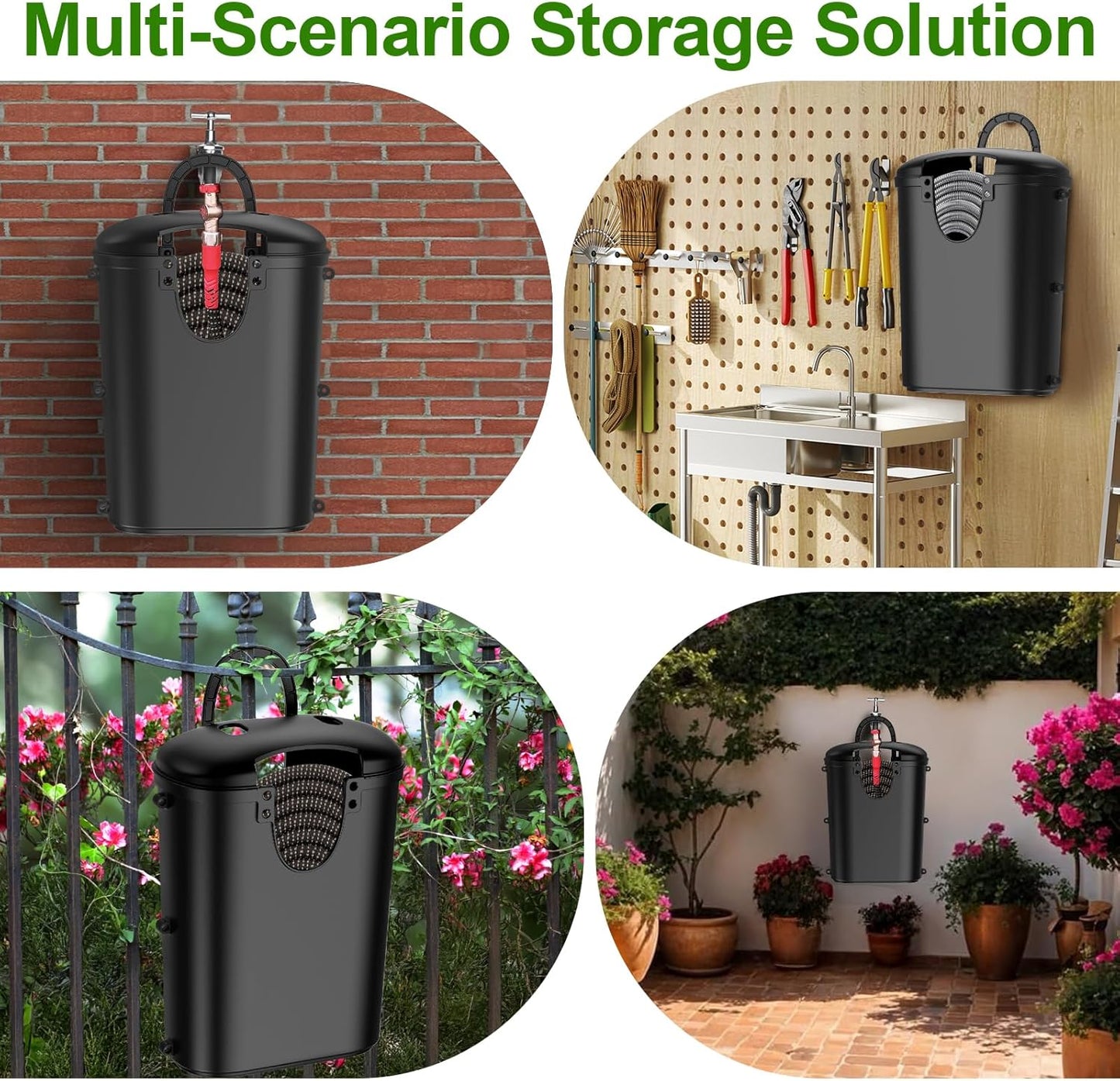 Riokko Garden Hose Holder Bucket, Hose Storage, Water Hose Storage for Outside, Hose Box Fits 25FT Heavy Duty/100FT Expandable/50FT Flat/50FT Stainless Steel Hoses, Hanging Handle & Drain Hole Design